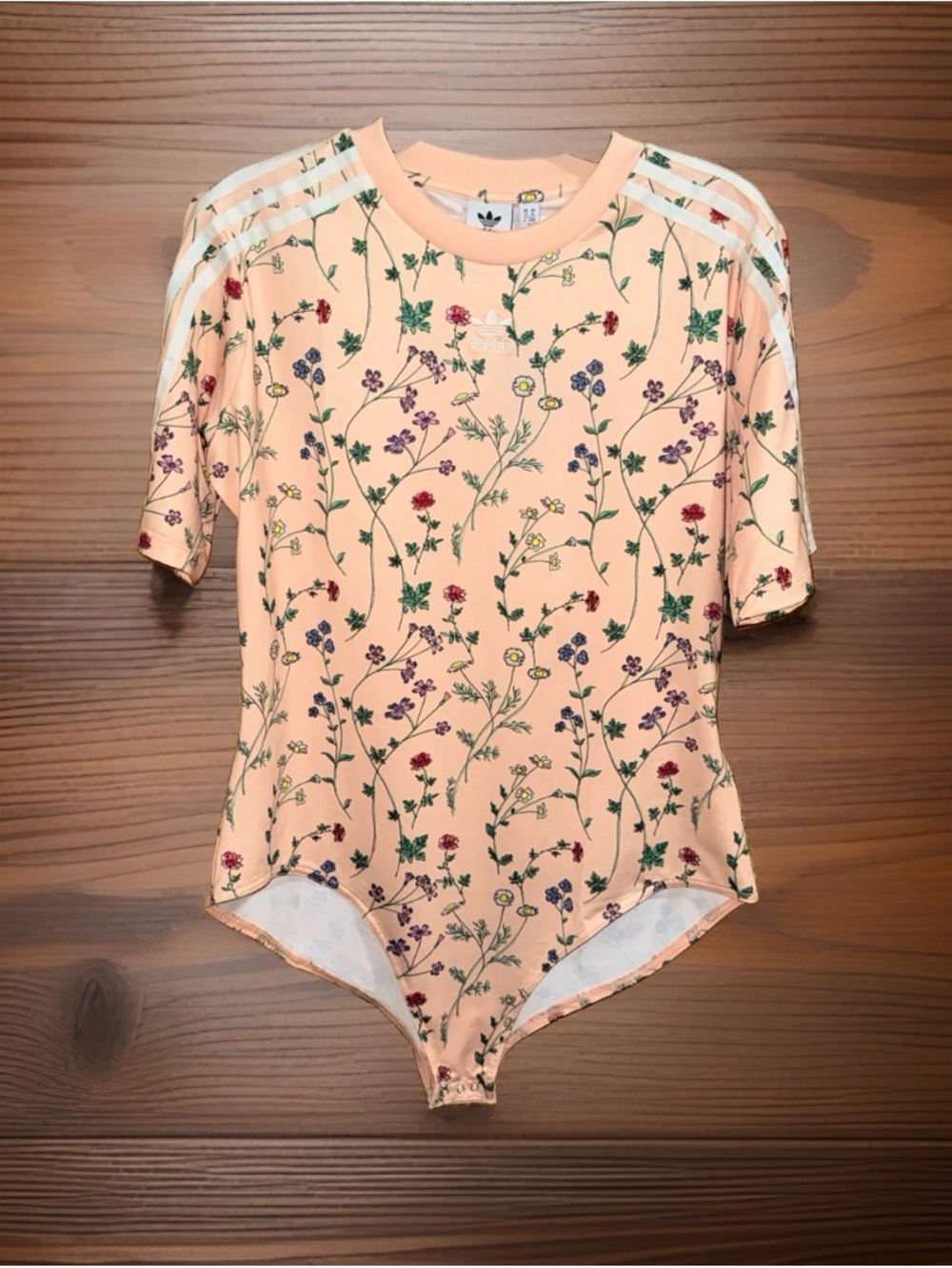 NWT Adidas Women’s Peach Floral Short-Sleeve Bodysuit w/Stripes-XL